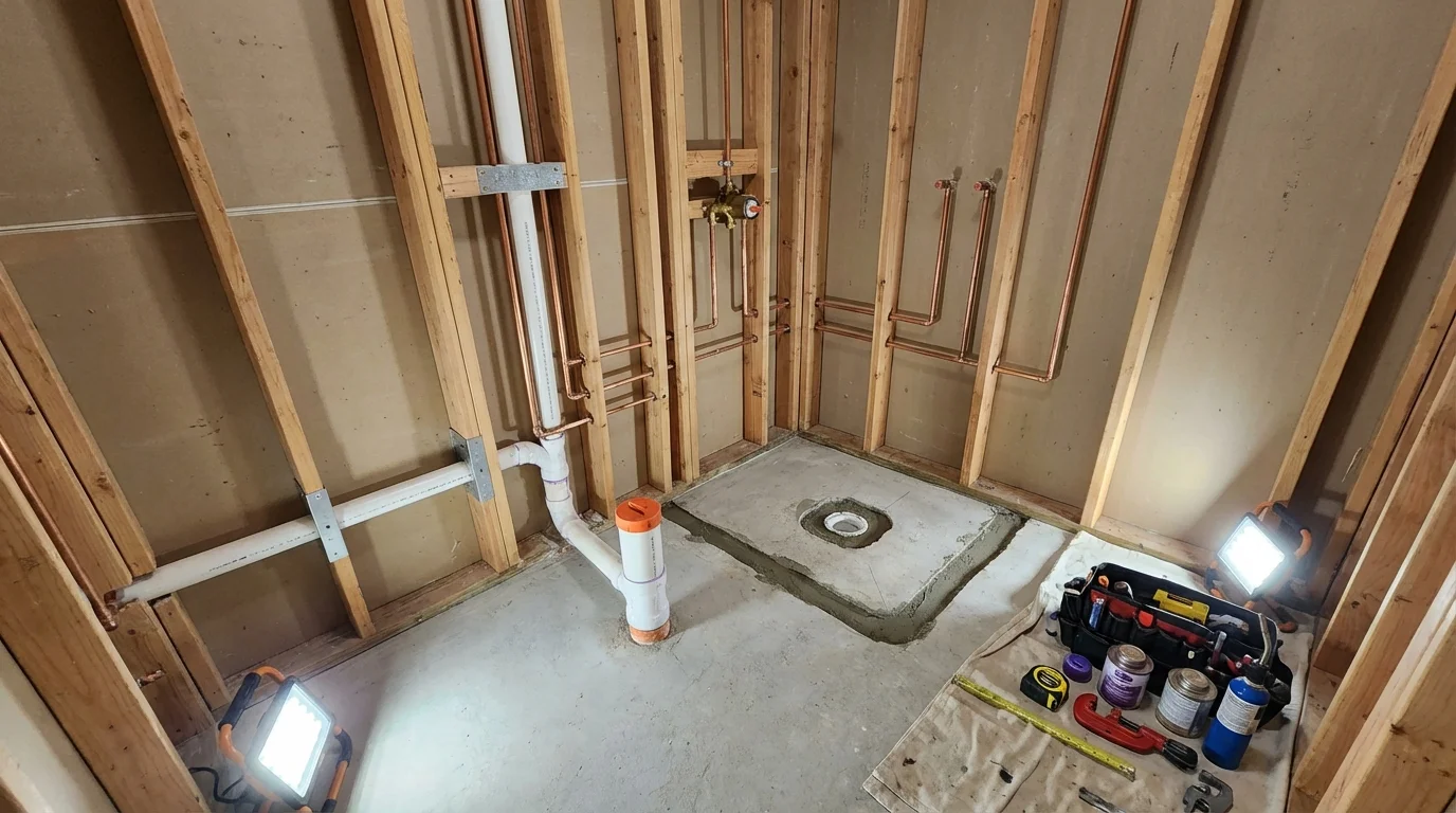 Bathroom rough-in plumbing during remodel by Johns Plumbing LLC in Derby