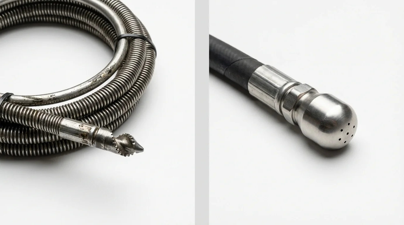 Drain snake cable and hydro jetting nozzle used for drain cleaning in Derby, CT