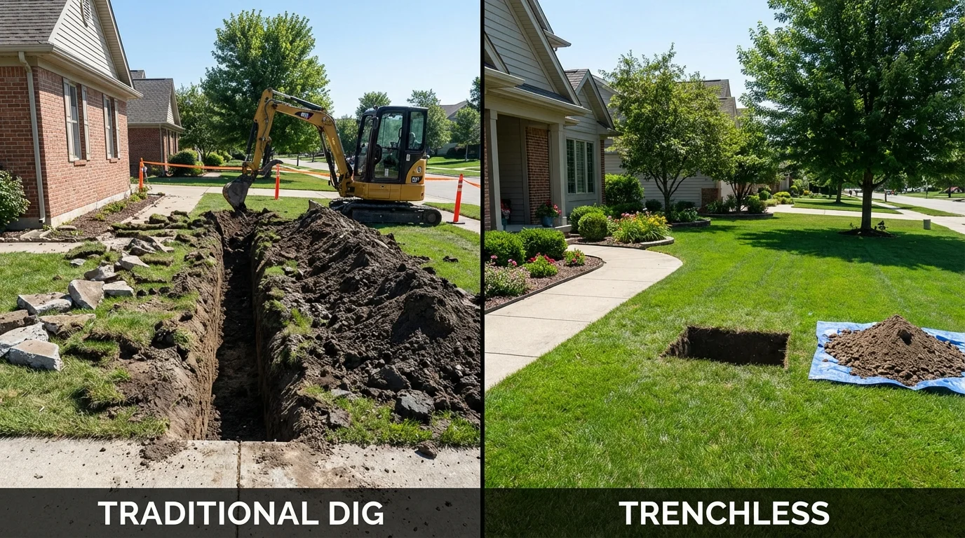 Trenchless sewer repair with minimal yard damage versus traditional excavation in Derby, CT